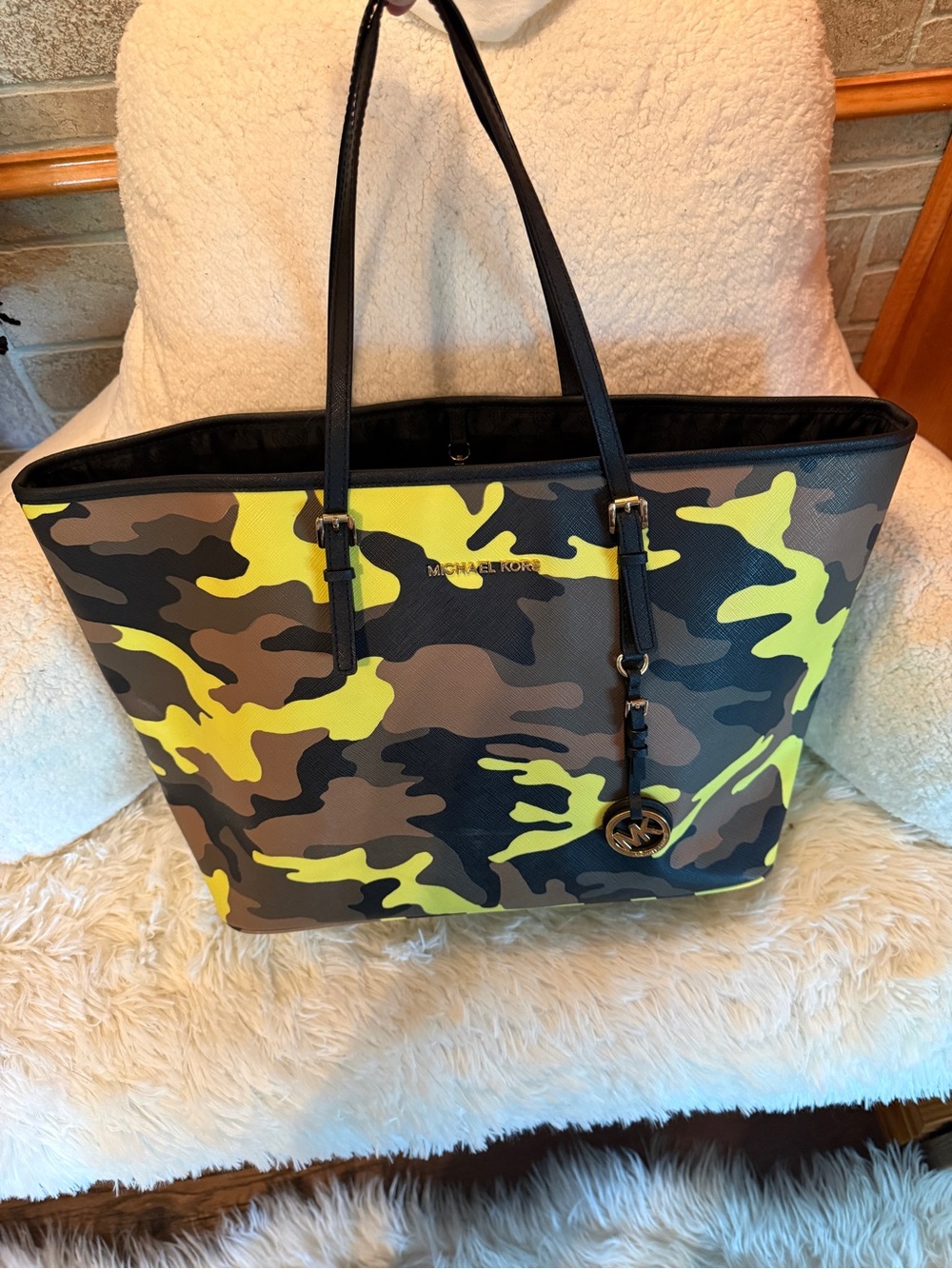 Michael Kors Yellow & Olive Camo Leather Tote